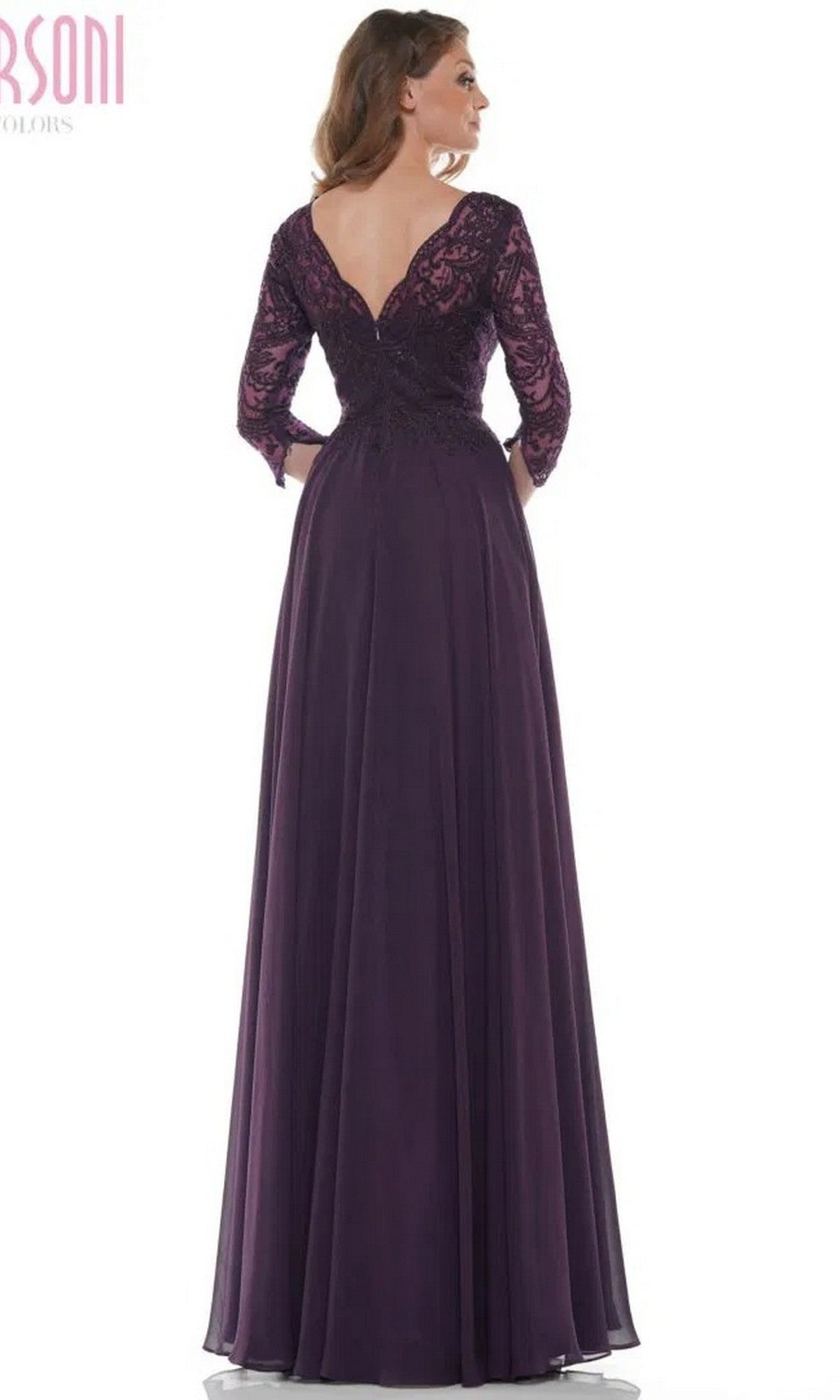 A woman is shown from the back wearing the Marsoni M238SL, a floor-length long-sleeve purple formal dress with a beaded bodice, lace details, and an elegant chiffon A-line skirt.